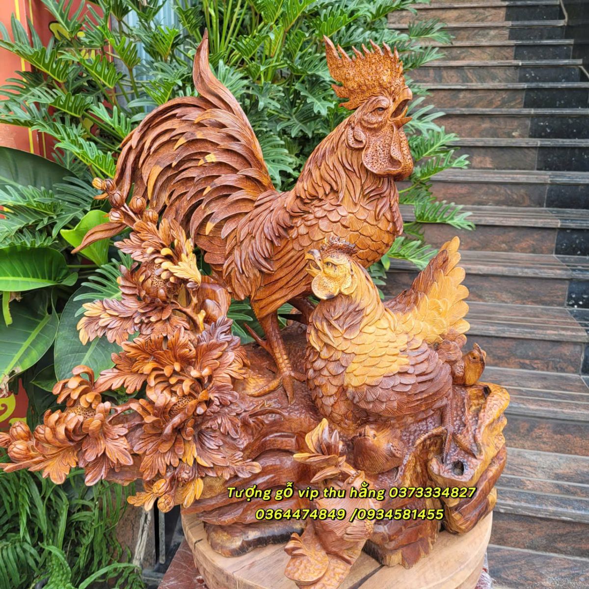 tượng gỗ gia đình gà đẹp nhất hiện nay